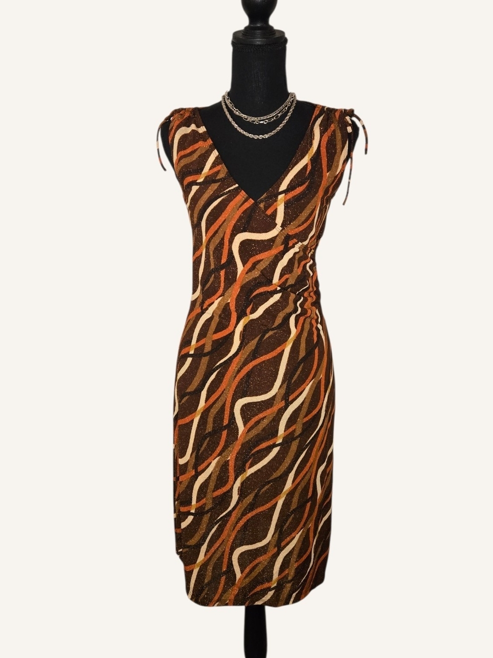 Vintage Y2k Brown Sparkly Sleeveless Wave-Print Dress!!!